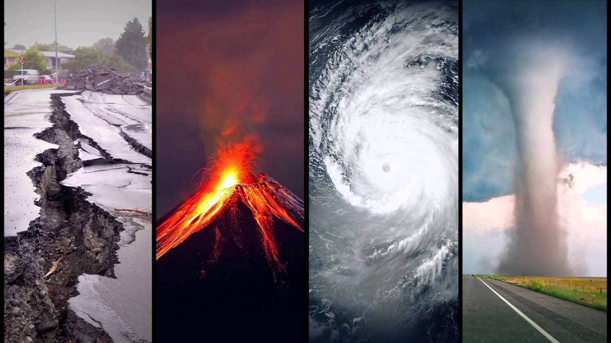 Natural Disasters 4 images of natural disasters, earthquake, volcano, hurricane, tornado